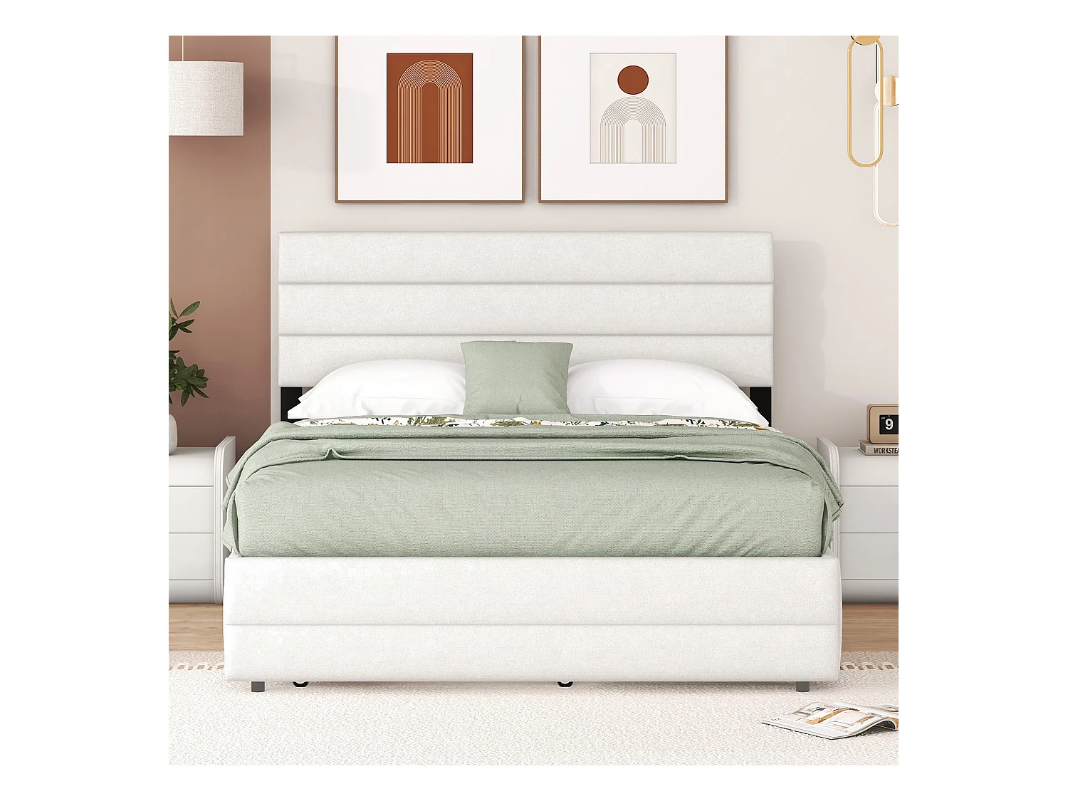 Lit gigogne adulte 140x200cm avec sommier - tête de lit réglable en hauteur et 2 tiroirs - lin - beige (sans matelas)