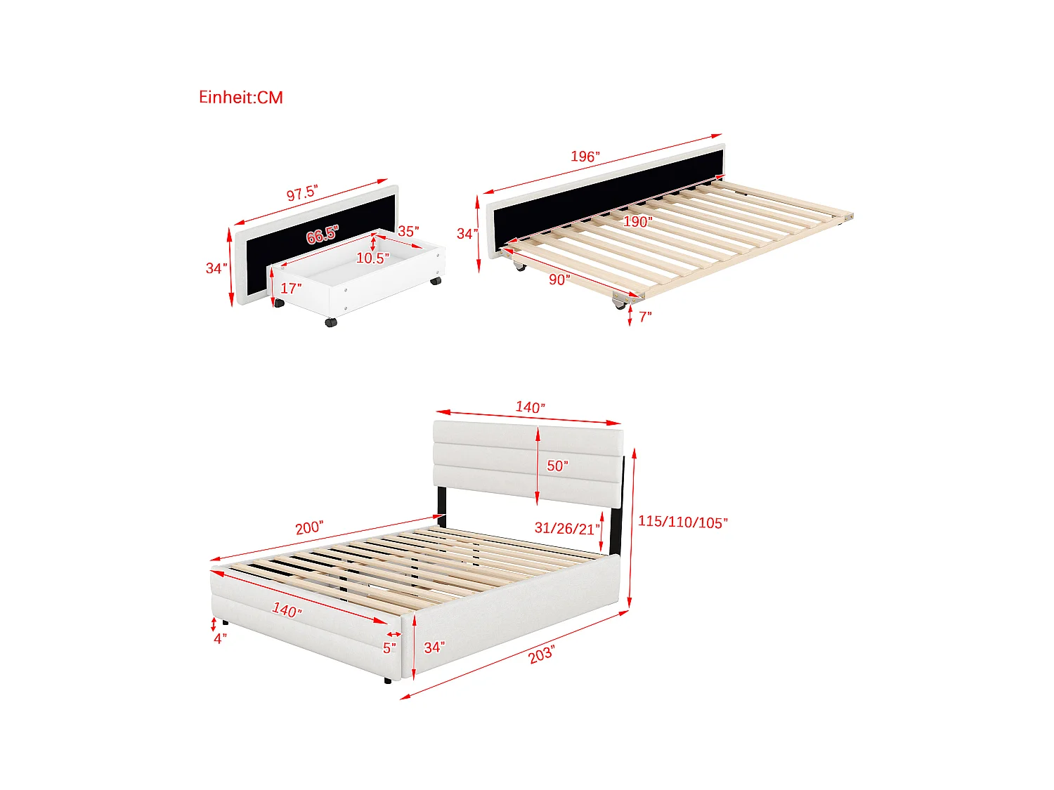 Lit gigogne adulte 140x200cm avec sommier - tête de lit réglable en hauteur et 2 tiroirs - lin - beige (sans matelas)