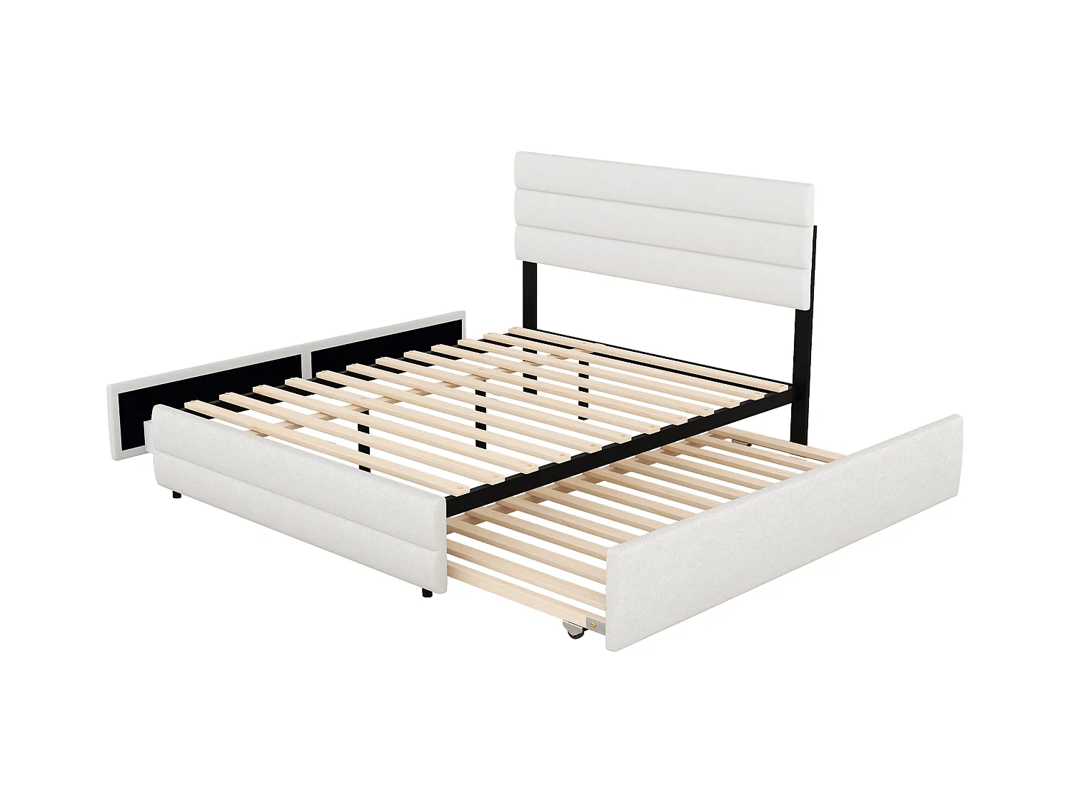Lit gigogne adulte 140x200cm avec sommier - tête de lit réglable en hauteur et 2 tiroirs - lin - beige (sans matelas)