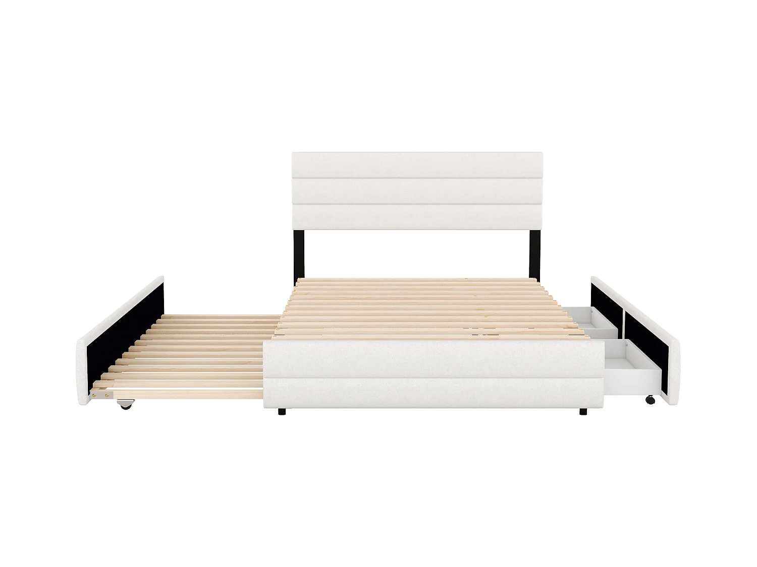 Lit gigogne adulte 140x200cm avec sommier - tête de lit réglable en hauteur et 2 tiroirs - lin - beige (sans matelas)
