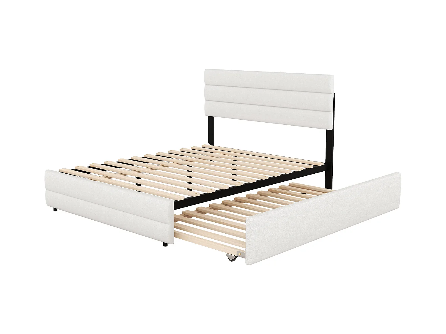 Lit gigogne adulte 140x200cm avec sommier - tête de lit réglable en hauteur et 2 tiroirs - lin - beige (sans matelas)