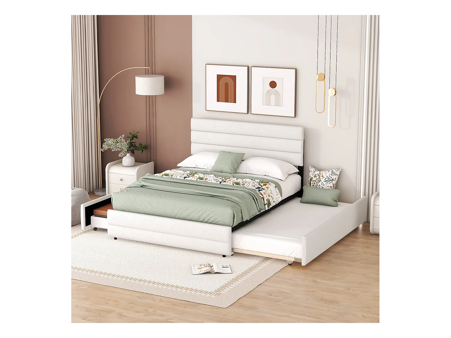 Lit gigogne adulte 140x200cm avec sommier - tête de lit réglable en hauteur et 2 tiroirs - lin - beige (sans matelas)