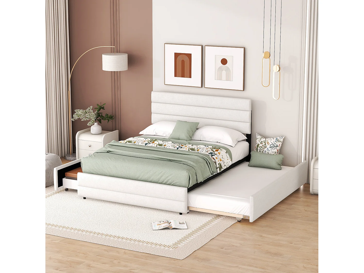 Lit simple 140x200 cm avec lit gigogne et 2 tiroirs, réglable, en lin Beige (Sans matelas)