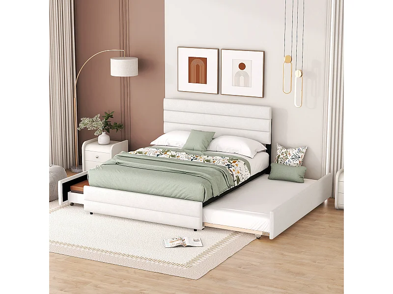 Lit gigogne 140x200cm avec sommier - tête de lit réglable en hauteur et 2 tiroirs - lin - beige (sans matelas)