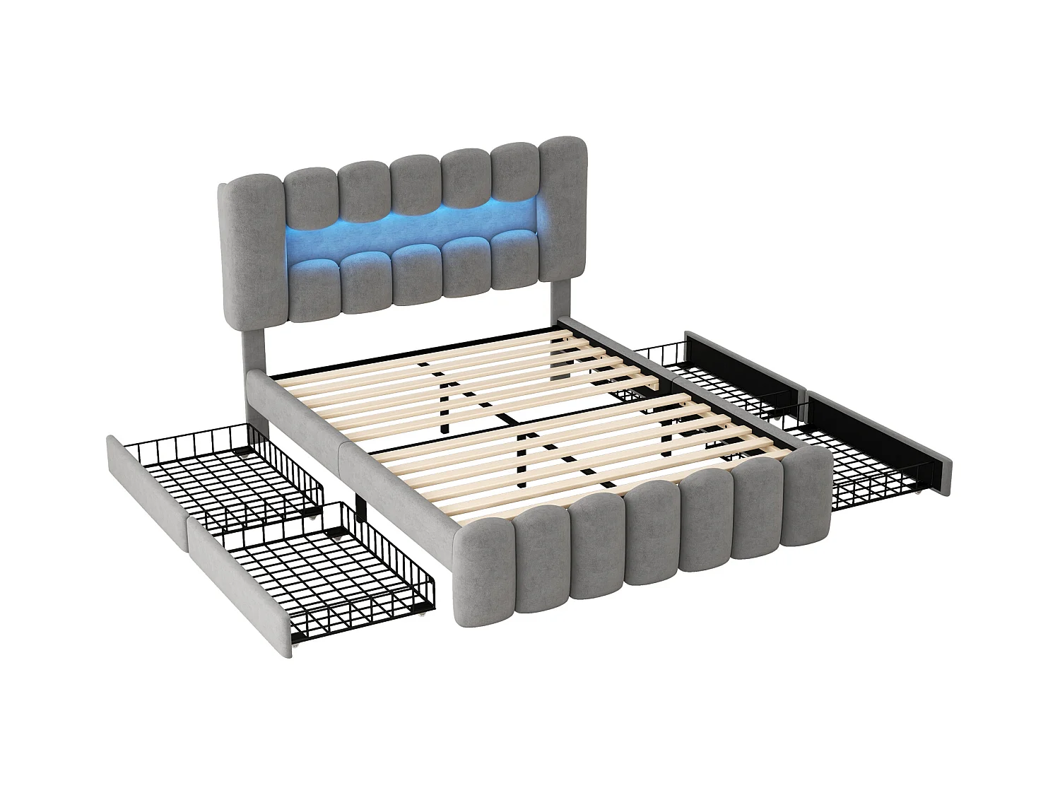 Lit adulte double 160x200 cm avec 3 tiroirs - tête de lit réglable en hauteur avec USB et LED - velours - gris (sans matelas)