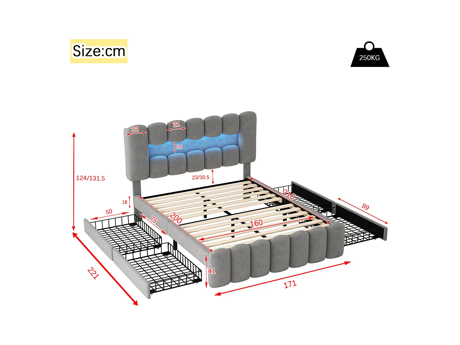 Lit adulte double 160x200 cm avec 3 tiroirs - tête de lit réglable en hauteur avec USB et LED - velours - gris (sans matelas)