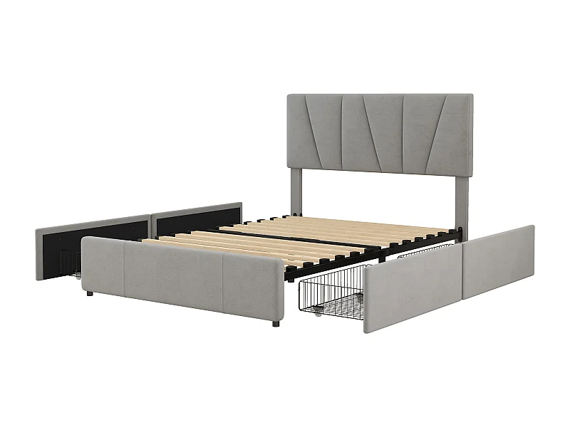 Lit plateforme 140x200 avec 4 tiroirs, avec tête de lit réglable, en velours, gris (Sans matelas)