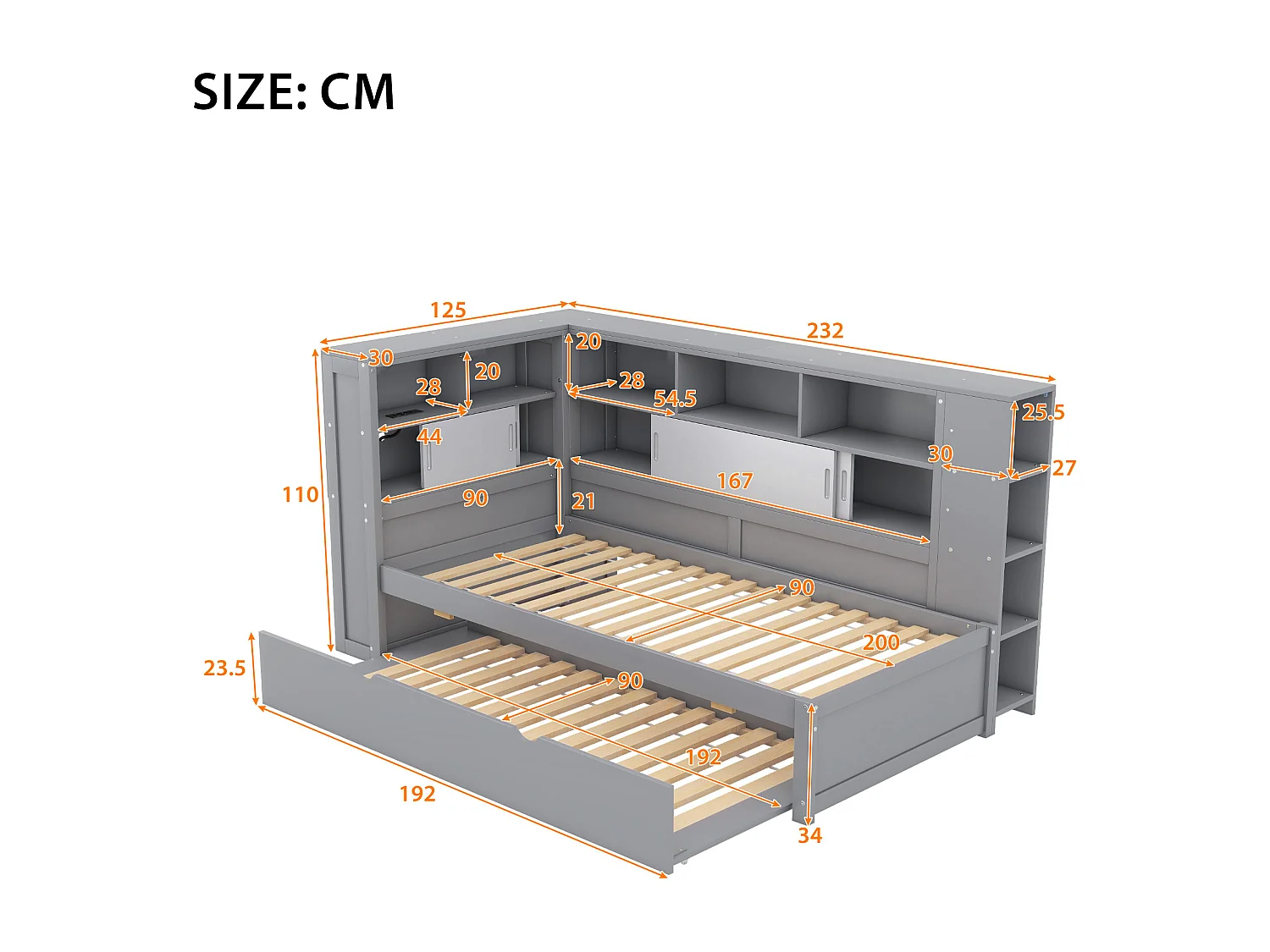 Lit gigogne 90x200 cm avec sommier - tête de lit avec rangement et USB - bois - gris (sans matelas)