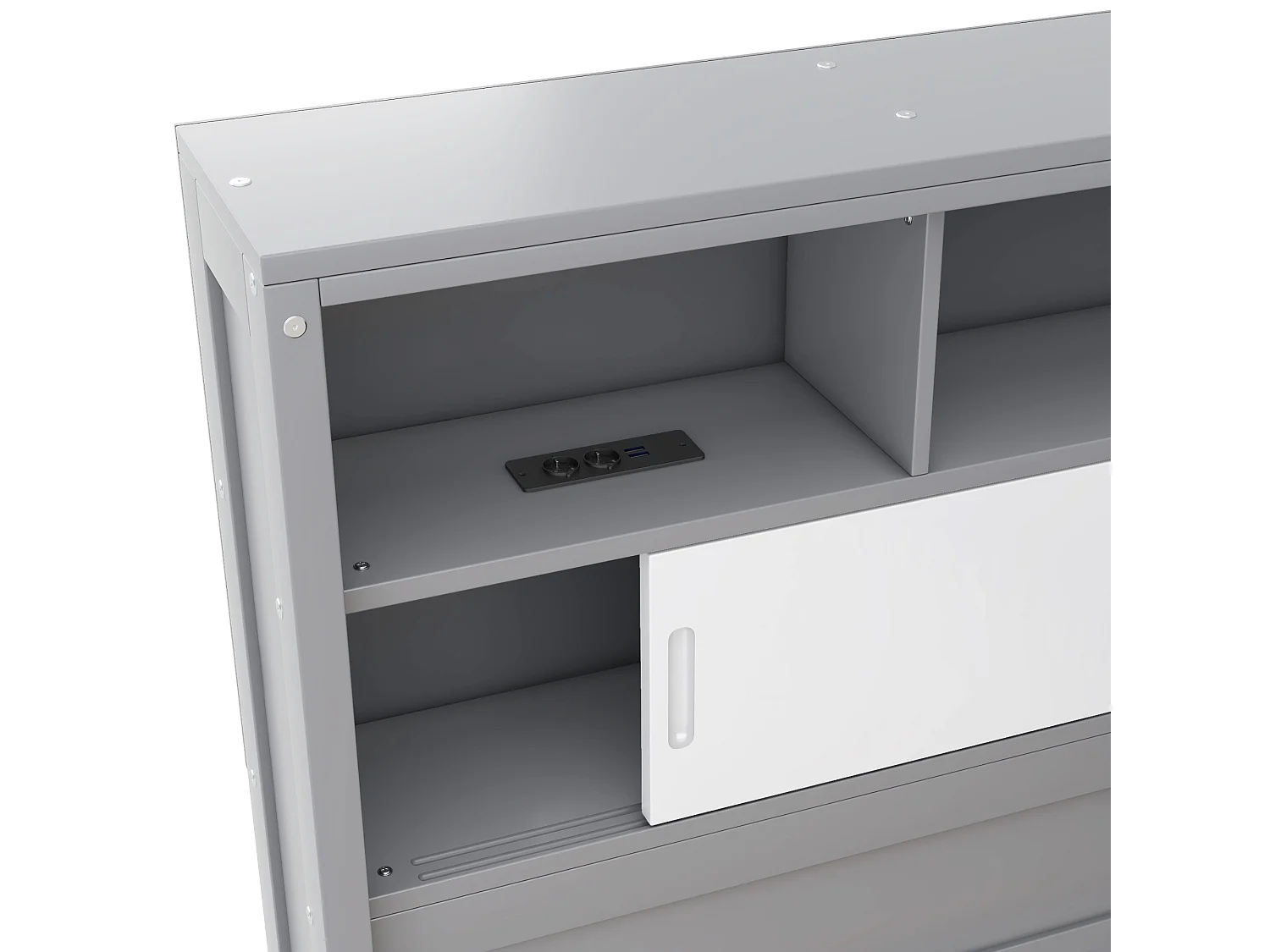 Lit gigogne 90x200 cm avec sommier - tête de lit avec rangement et USB - bois - gris (sans matelas)