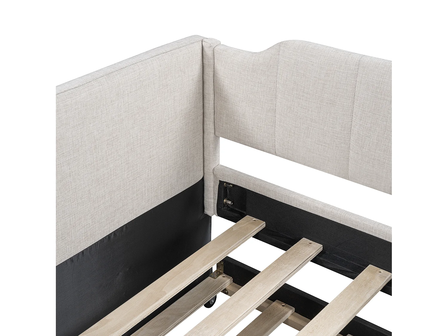 Lit gigogne 90x200 cm avec sommier - tête de lit capitonnée - lin - beige (sans matelas)