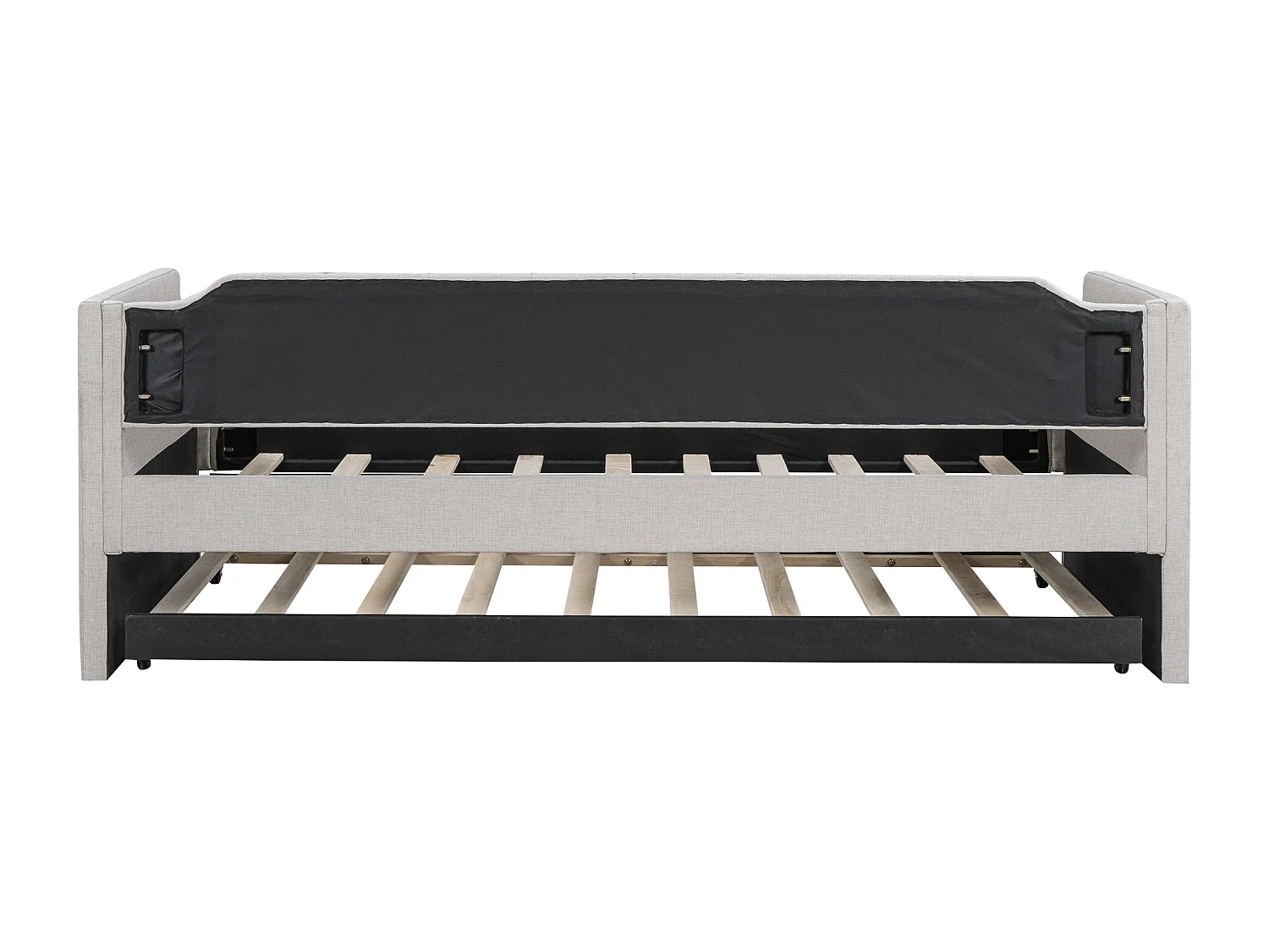 Lit gigogne 90x200 cm avec sommier - tête de lit capitonnée - lin - beige (sans matelas)