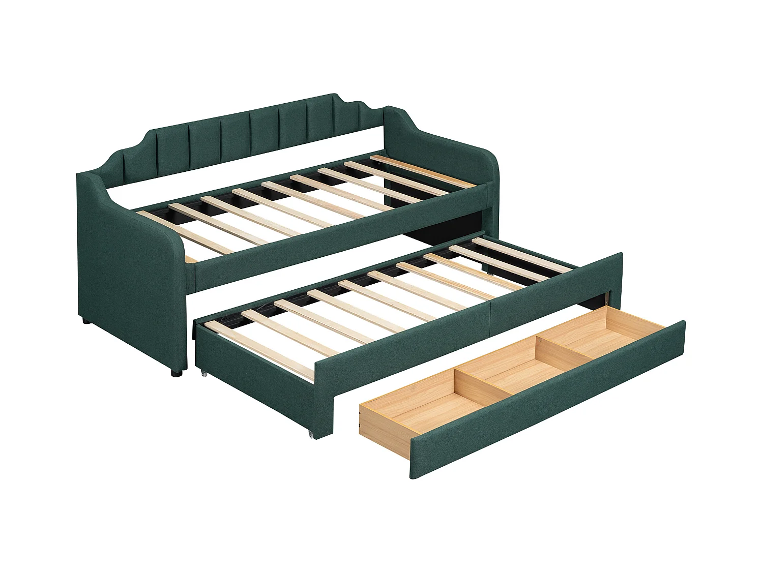 Lit gigogne enfant 90x200 cm avec sommier - 3 tiroirs de rangement - lin - vert (sans matelas)