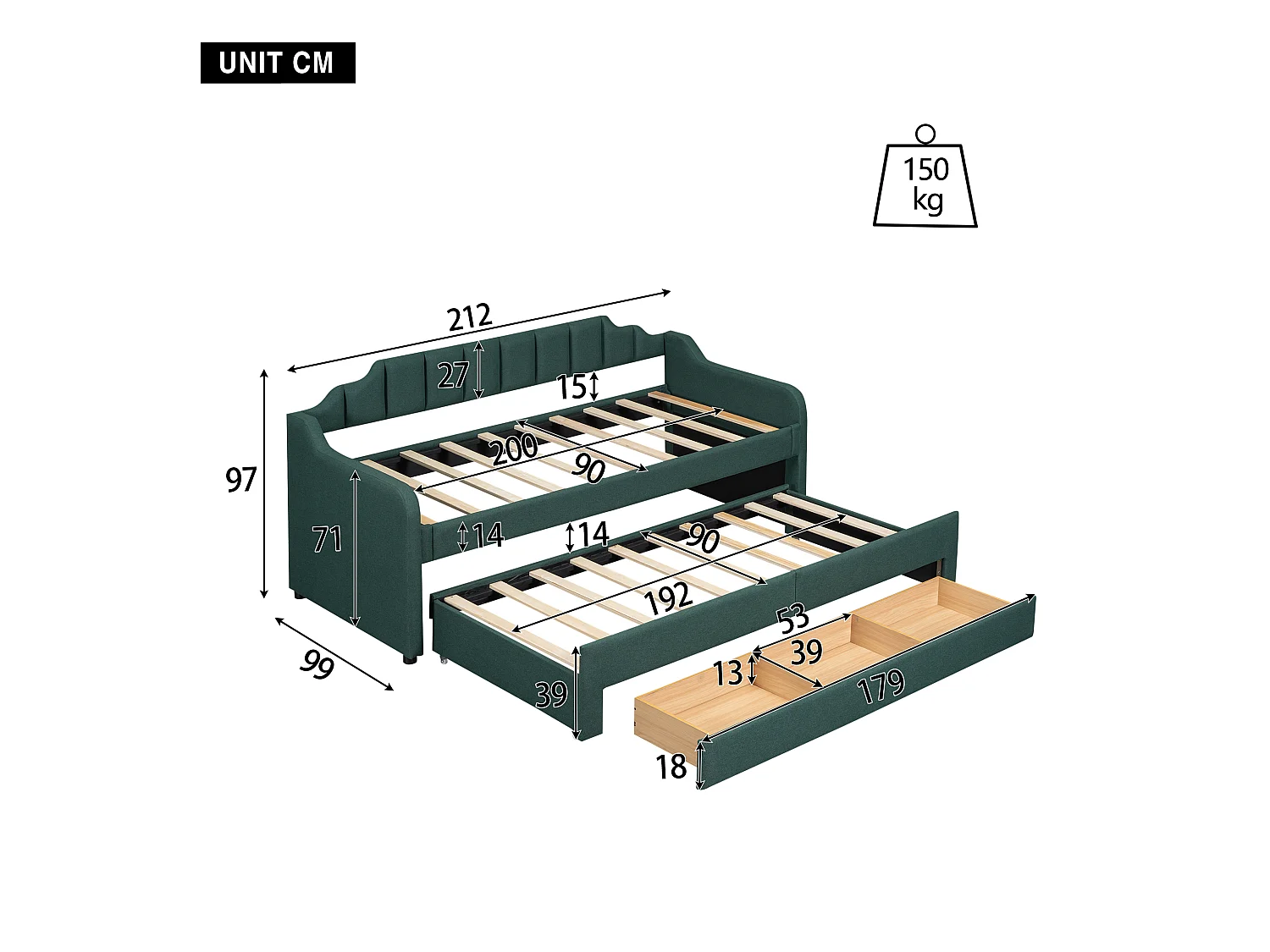 Lit gigogne enfant 90x200 cm avec sommier - 3 tiroirs de rangement - lin - vert (sans matelas)