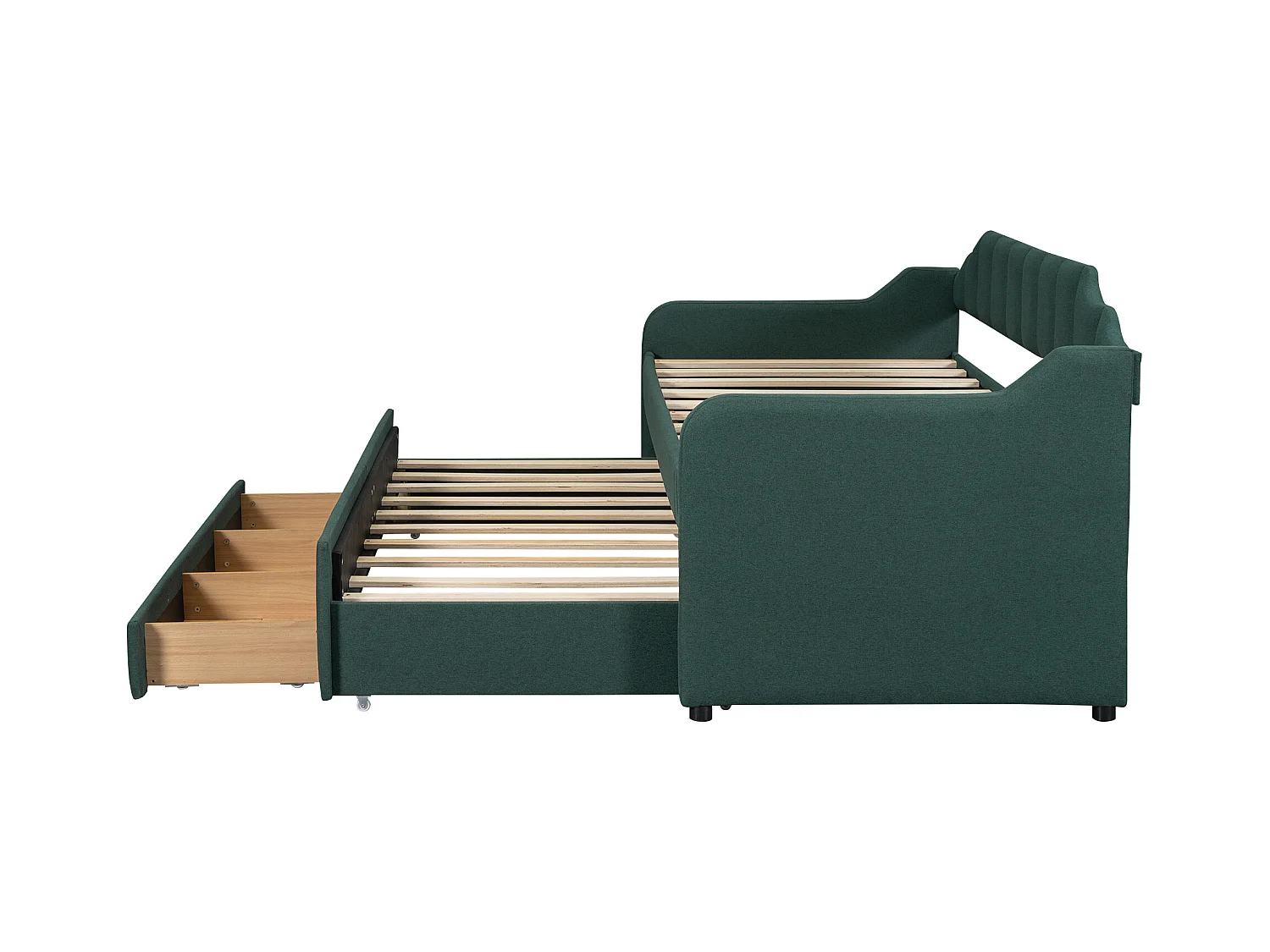 Lit gigogne enfant 90x200 cm avec sommier - 3 tiroirs de rangement - lin - vert (sans matelas)