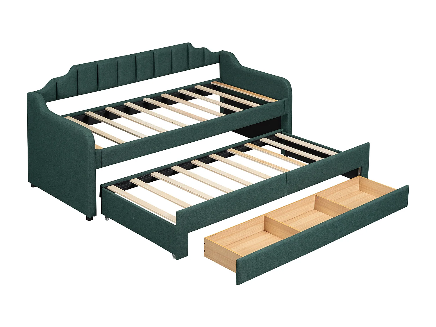 Lit gigogne 90x200 cm avec sommier - 3 tiroirs de rangement - lin - vert (sans matelas)