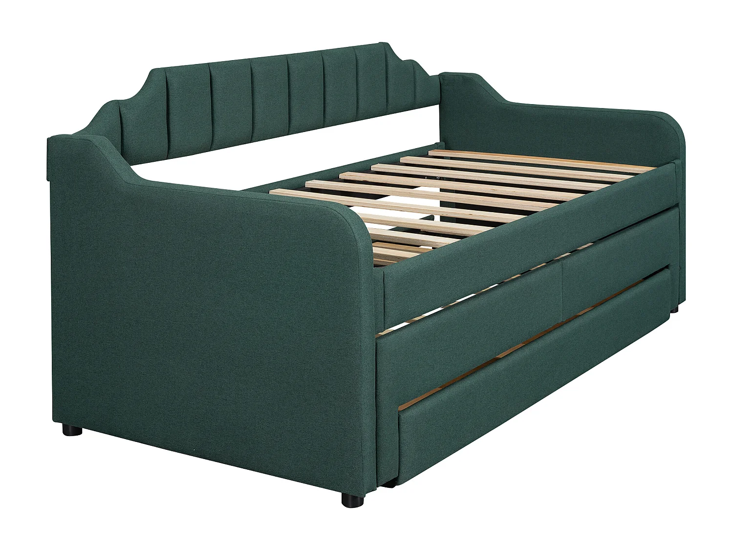 Lit gigogne 90x200 cm avec sommier - 3 tiroirs de rangement - lin - vert (sans matelas)