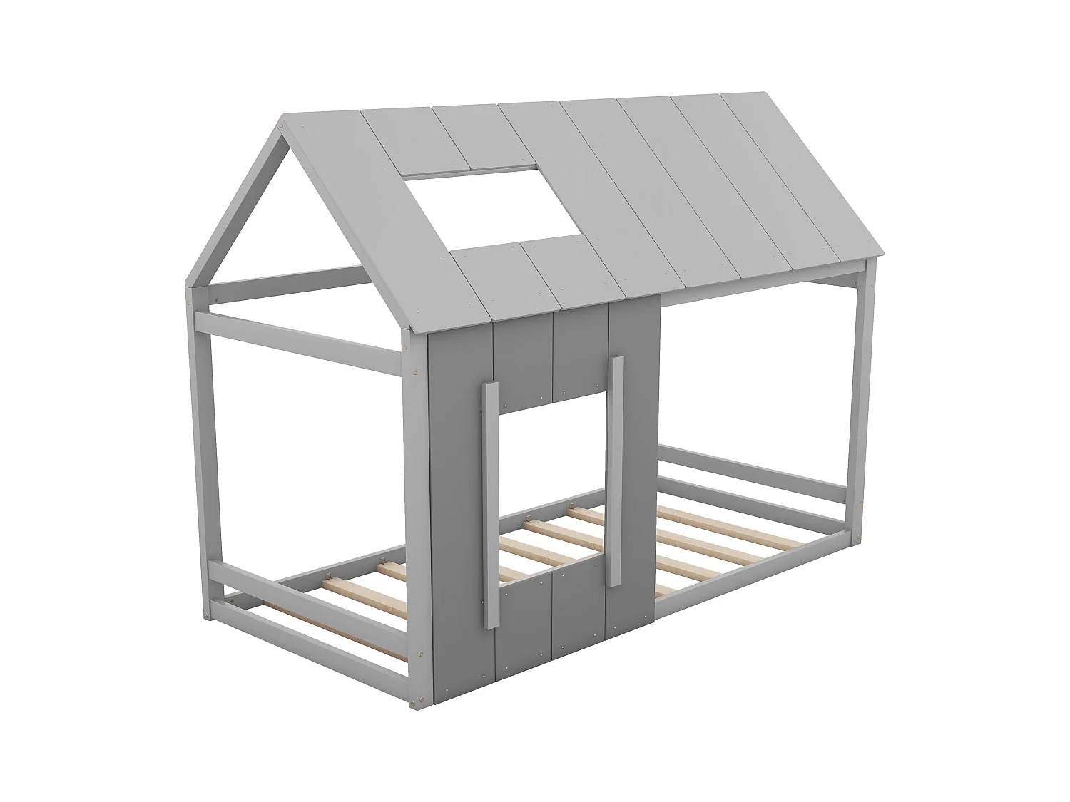 Lit cabane enfant 90x200cm avec sommier - toit et fenêtre - bois - gris (sans matelas)