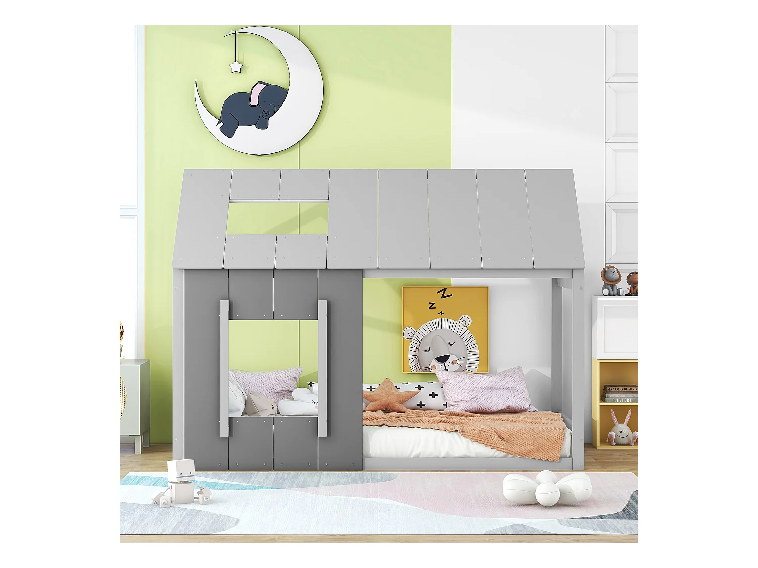 Lit cabane enfant 90x200cm avec sommier - toit et fenêtre - bois - gris (sans matelas)