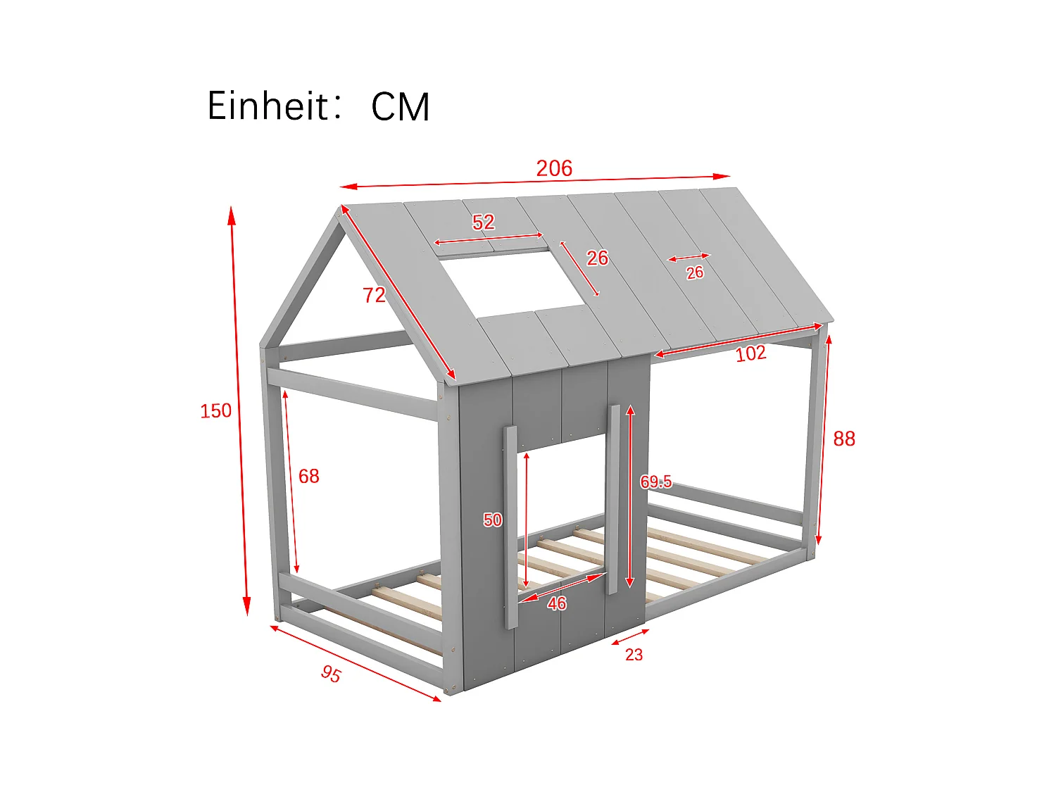 Lit cabane enfant 90x200cm avec sommier - toit et fenêtre - bois - gris (sans matelas)