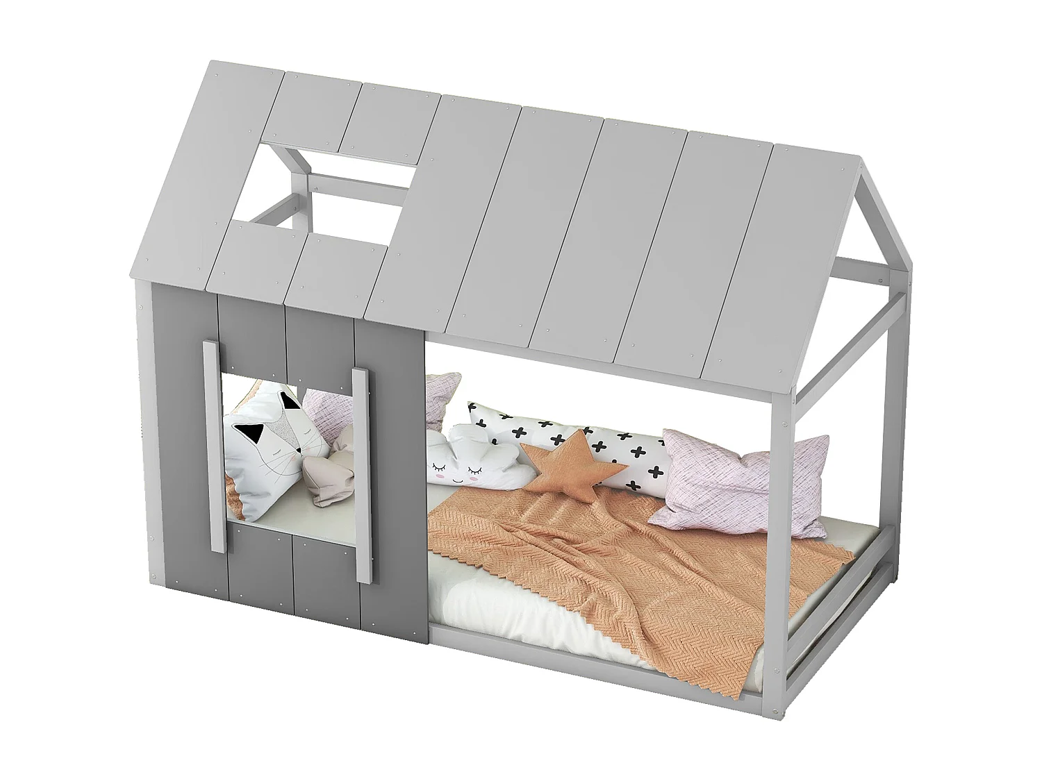 Lit cabane enfant 90x200cm avec sommier - toit et fenêtre - bois - gris (sans matelas)