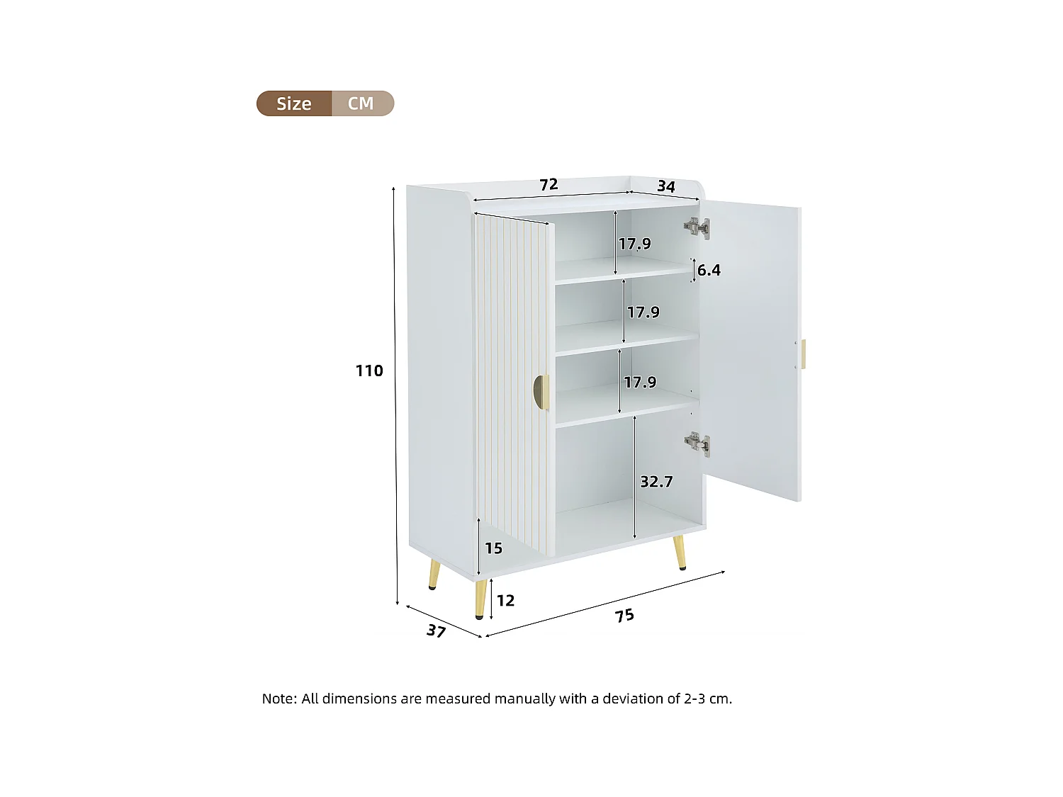 Schoenenkast met 2 deuren, houten opbergmeubel - metalen poten - wit (75x37x110 cm)