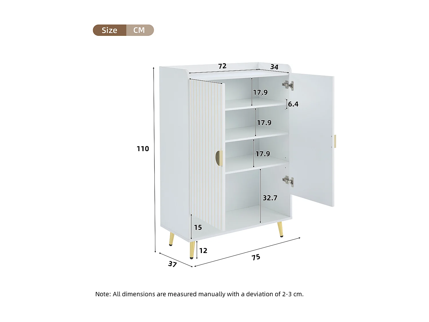 Schoenenkast met 2 deuren, houten opbergmeubel - metalen poten - wit (75x37x110 cm)