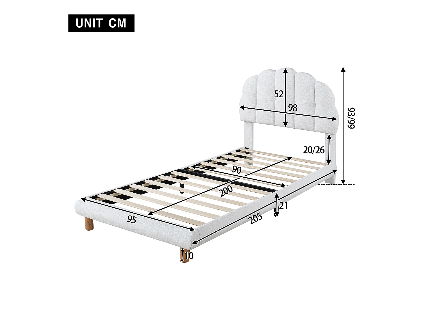 Lit enfant simple 90x200 cm avec sommier - tête de lit capitonnée - velours - blanc (sans matelas)