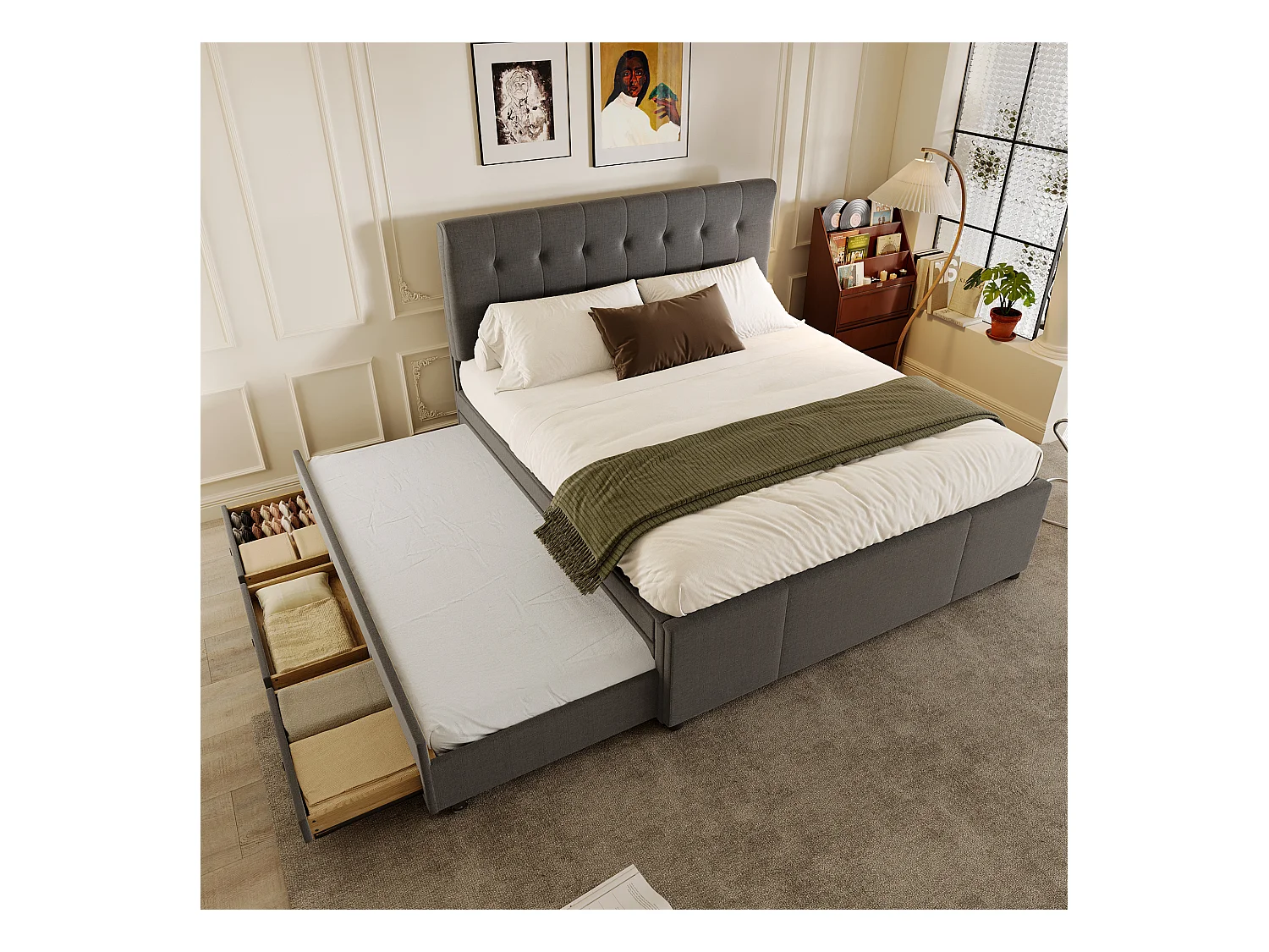 Lit gigogne adulte 140x200 cm avec sommier - tête de lit réglable en hauteur et 3 tiroirs - lin - gris (sans matelas)