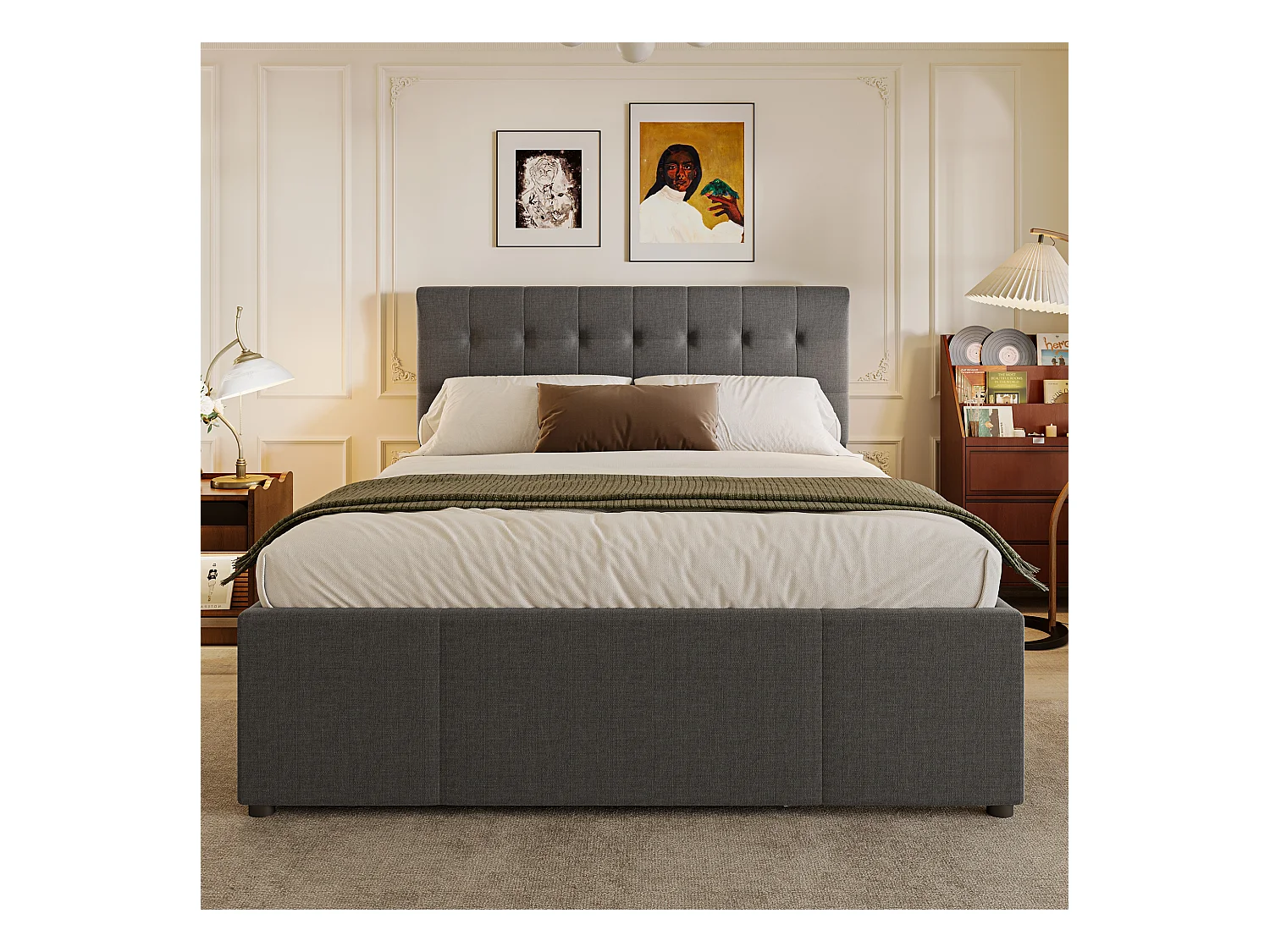 Lit gigogne adulte 140x200 cm avec sommier - tête de lit réglable en hauteur et 3 tiroirs - lin - gris (sans matelas)