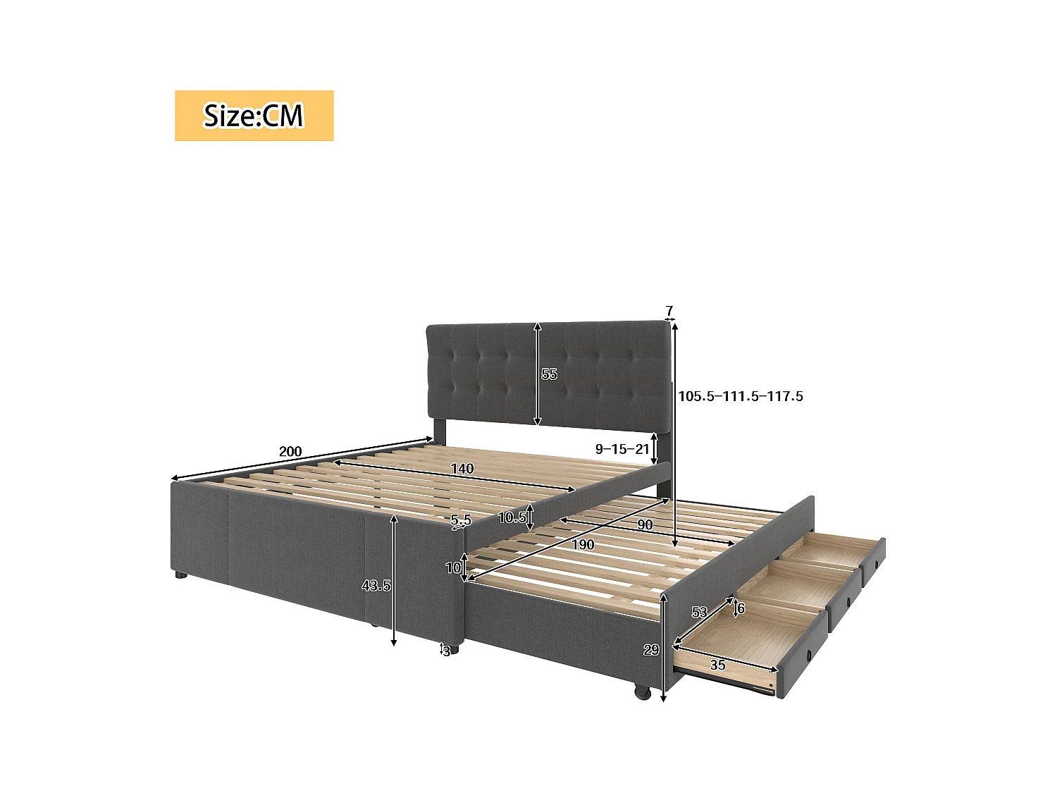 Lit gigogne adulte 140x200 cm avec sommier - tête de lit réglable en hauteur et 3 tiroirs - lin - gris (sans matelas)