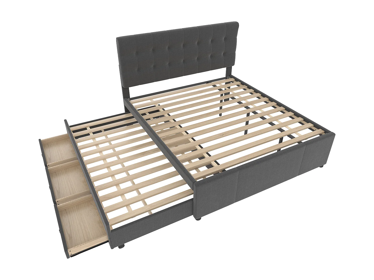 Lit gigogne 140x200 cm avec sommier - tête de lit réglable en hauteur et 3 tiroirs - lin - gris (sans matelas)