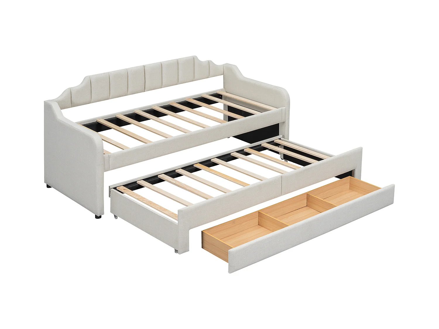 Kinderbed 90x200 cm met lattenbodem - 3 lades - linnen - beige (zonder matras)