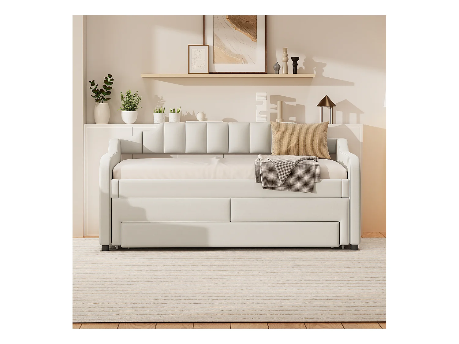 Kinderbed 90x200 cm met lattenbodem - 3 lades - linnen - beige (zonder matras)