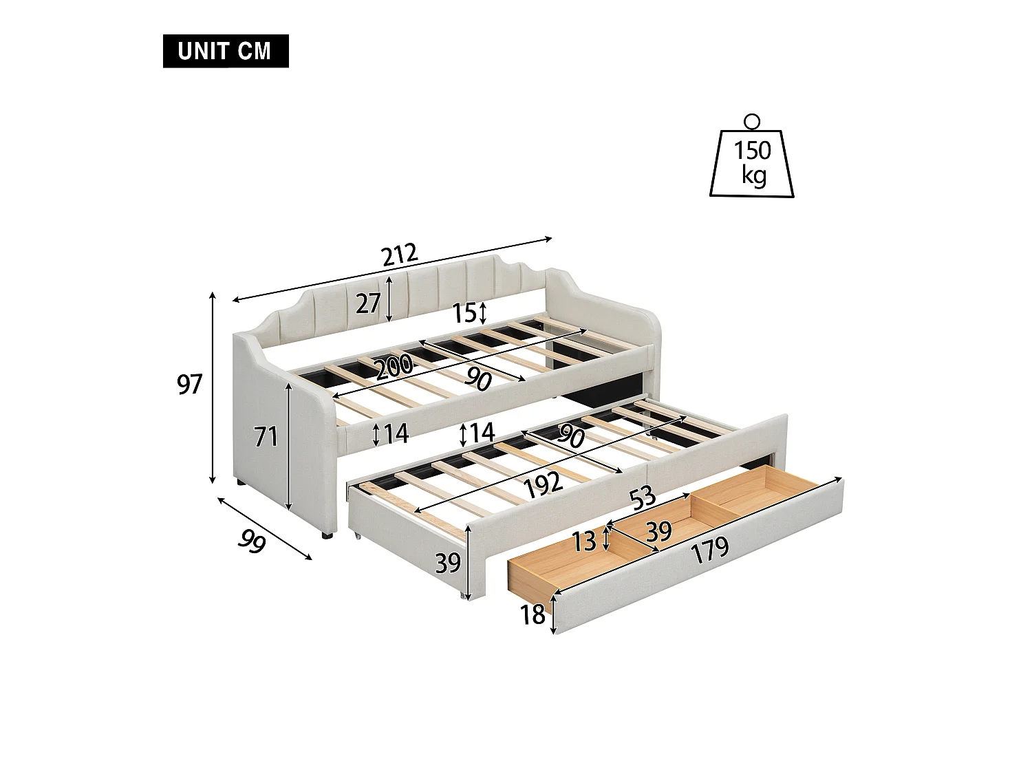 Kinderbed 90x200 cm met lattenbodem - 3 lades - linnen - beige (zonder matras)