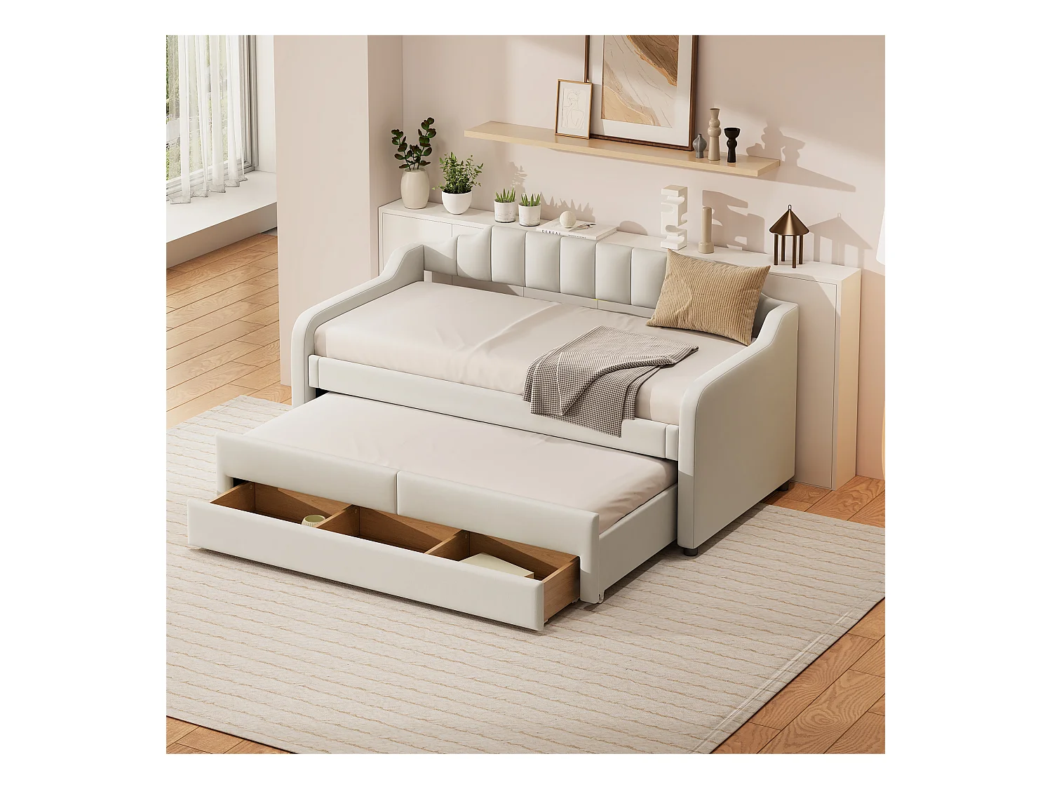 Lit gigogne enfant 90x200 cm avec sommier - 3 tiroirs de rangement - lin - beige (sans matelas)