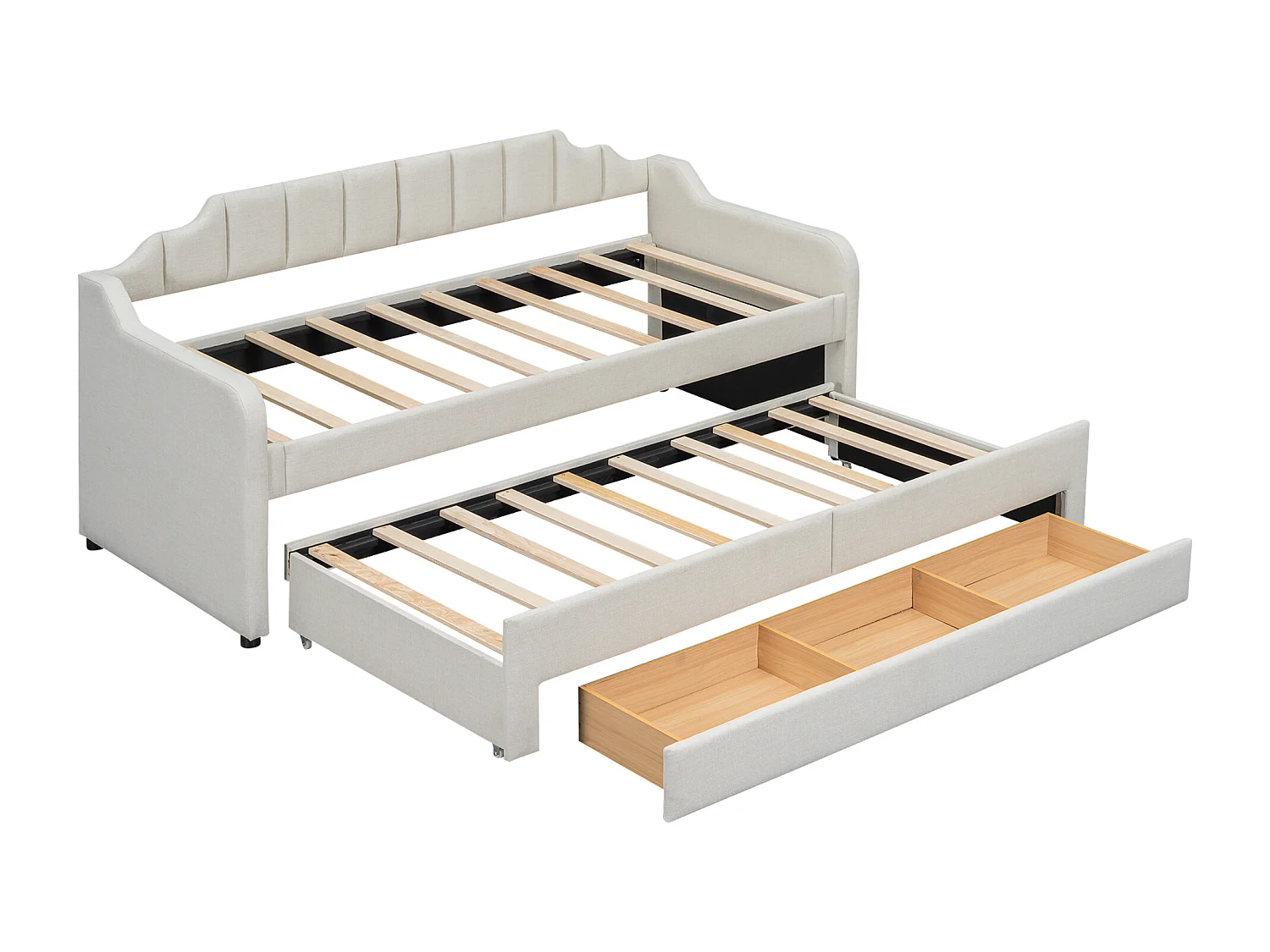 Lit gigogne enfant 90x200 cm avec sommier - 3 tiroirs de rangement - lin - beige (sans matelas)