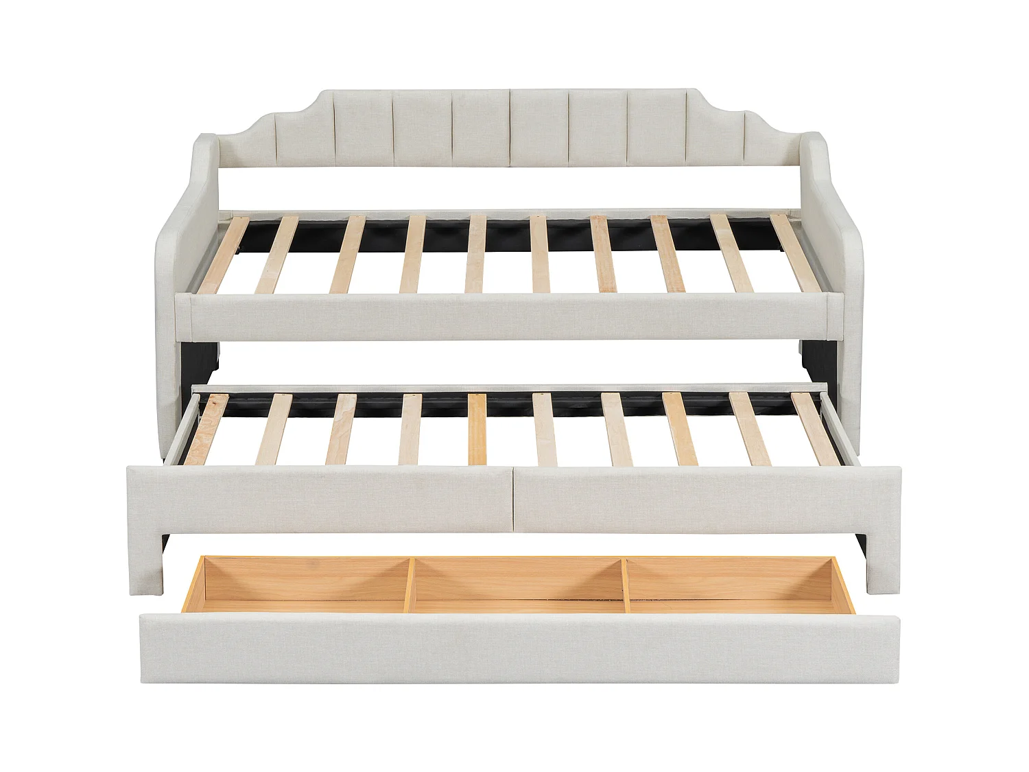 Lit gigogne enfant 90x200 cm avec sommier - 3 tiroirs de rangement - lin - beige (sans matelas)