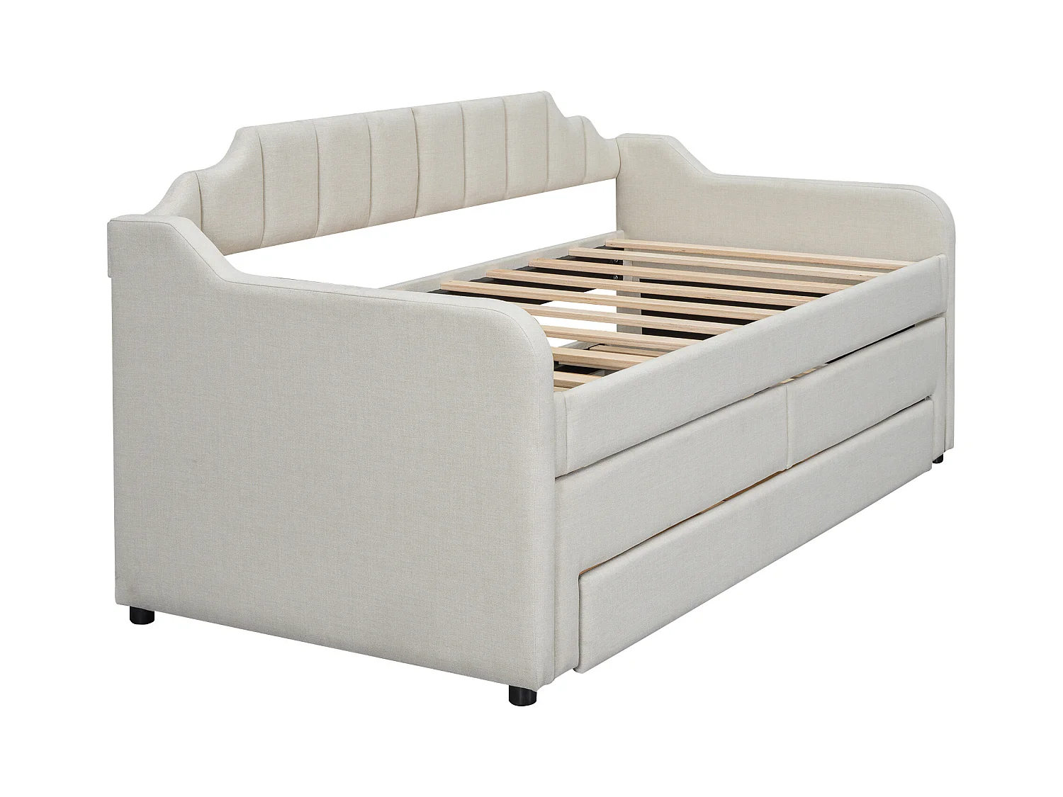 Lit gigogne enfant 90x200 cm avec sommier - 3 tiroirs de rangement - lin - beige (sans matelas)