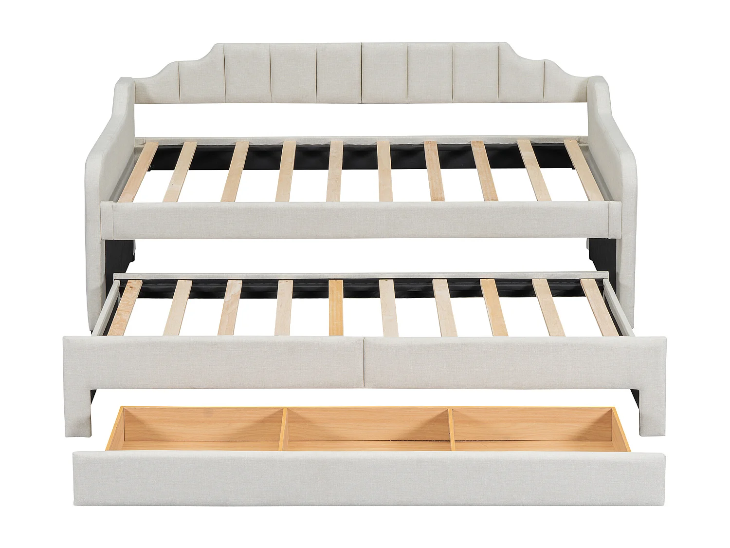 Lit gigogne 90x200 cm avec sommier - 3 tiroirs de rangement - lin - beige (sans matelas)