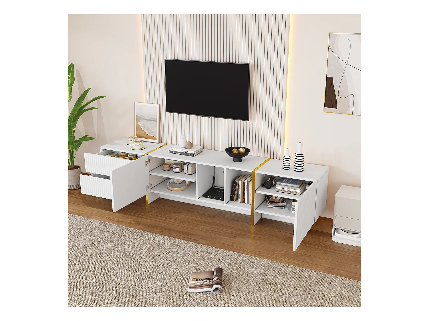 Meuble TV 190x35x45.5 cm avec 2 portes 2 tiroirs meuble de rangement en bois - blanc