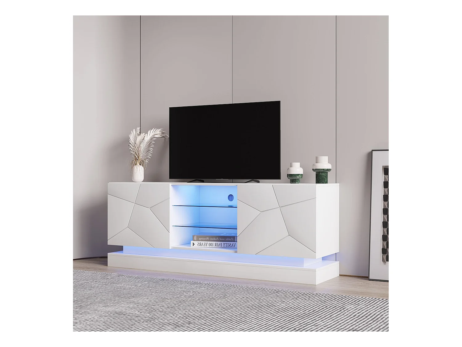 Meuble TV LED 160x38.5x60 cm 2 portes meuble de rangement en bois - étagères vitrées réglables - blanc