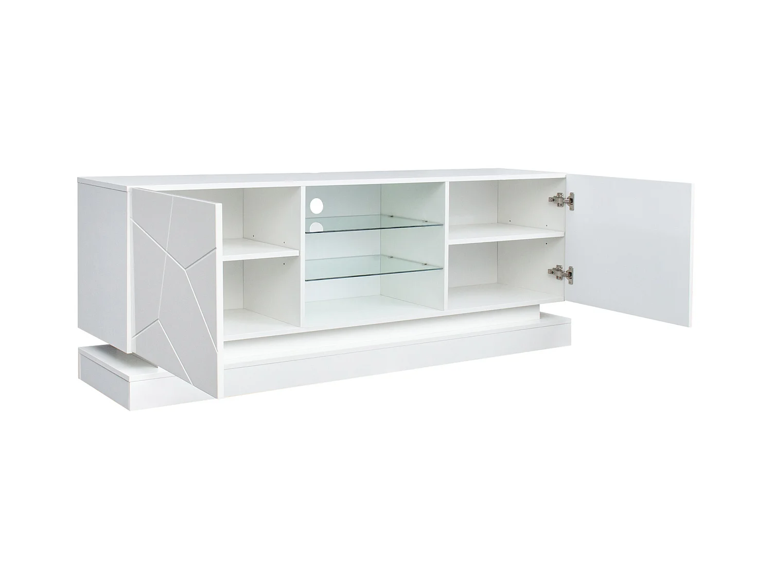 Meuble TV LED 160x38.5x60 cm 2 portes meuble de rangement en bois - étagères vitrées réglables - blanc