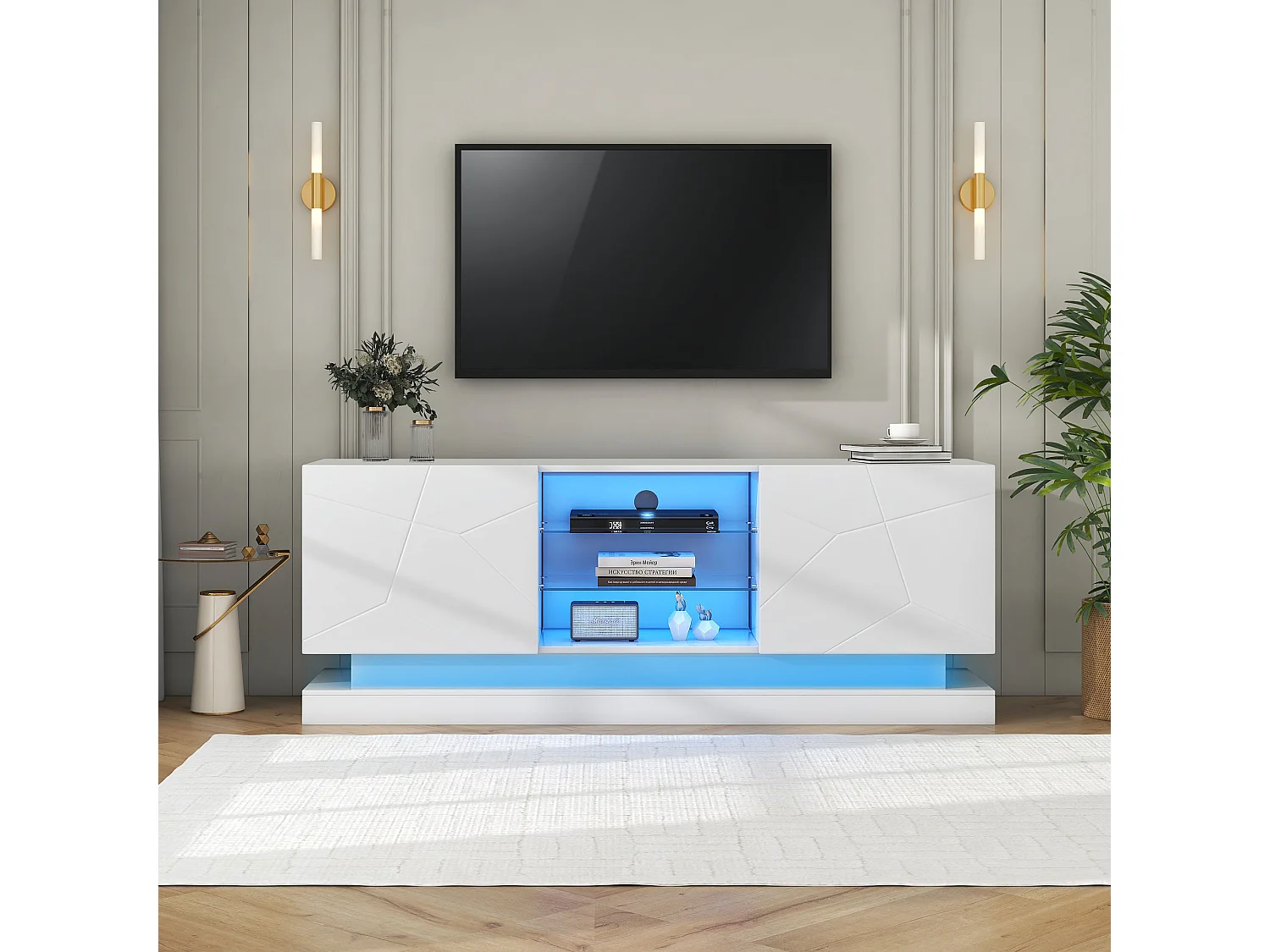 Meuble TV LED 160x38.5x60 cm 2 portes meuble de rangement en bois - étagères vitrées réglables - blanc