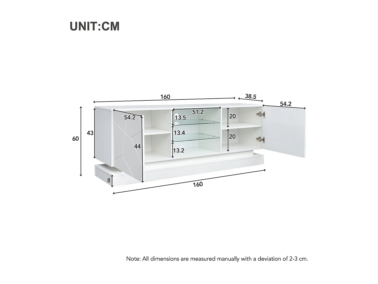 Meuble TV LED 160x38.5x60 cm 2 portes meuble de rangement en bois - étagères vitrées réglables - blanc