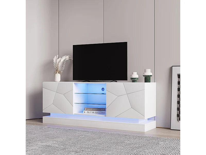 Meuble TV LED 160x38.5x60 cm 2 portes meuble de rangement en bois - étagères vitrées réglables - blanc