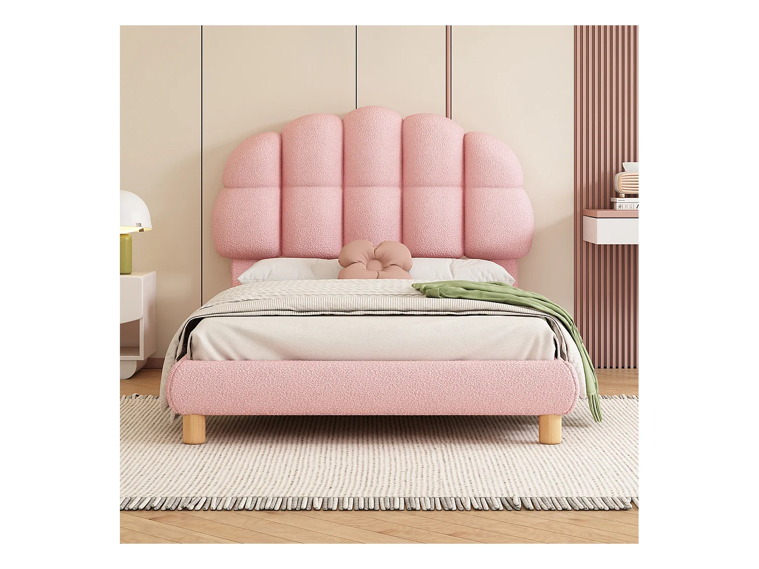 Lit enfant simple 90x200 cm avec sommier - tête de lit capitonnée - velours - rose (sans matelas)