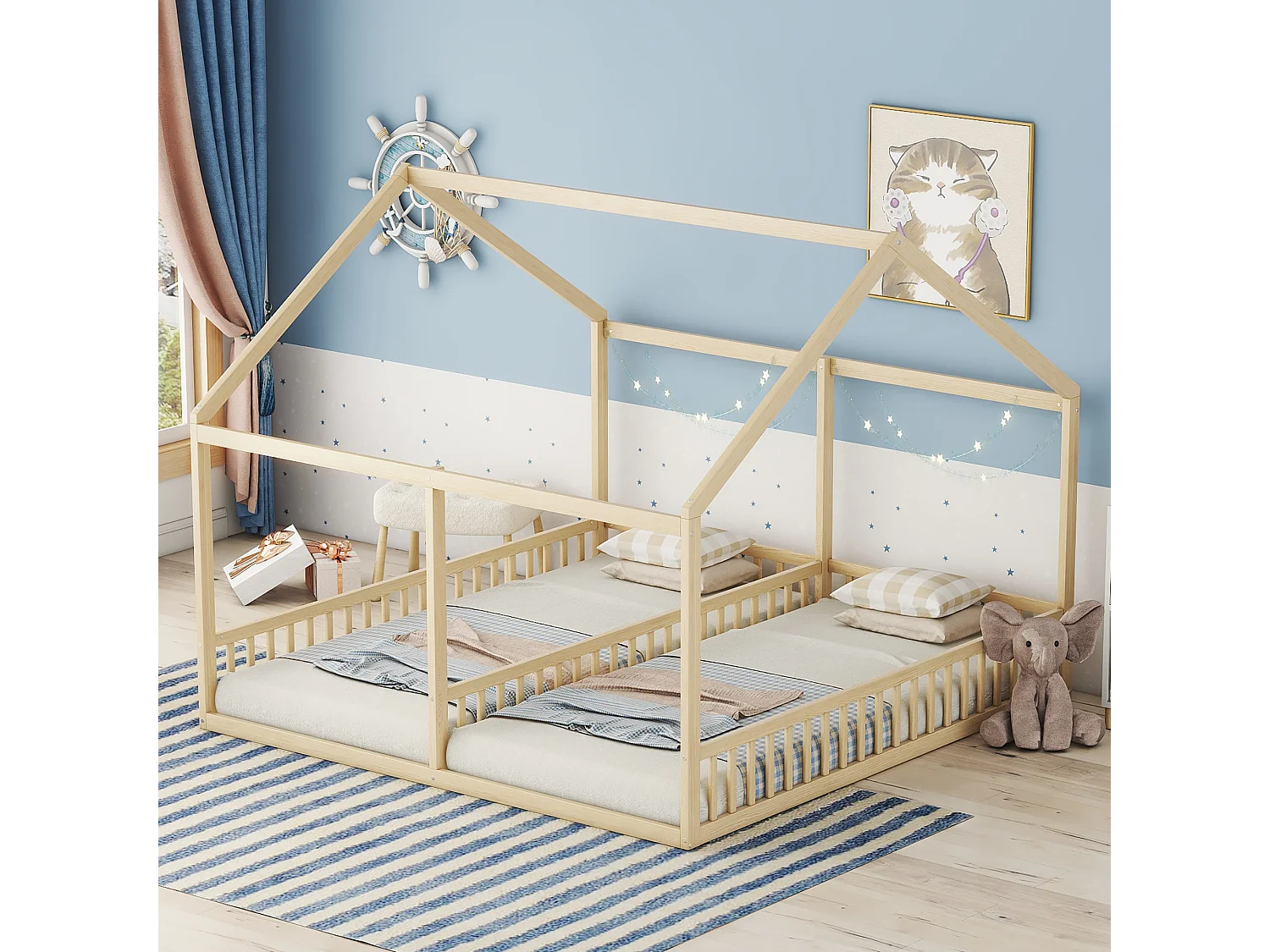 Lit cabane enfant 90x200cm avec sommier - lit deux en un - cadre de lit en bois - naturel clair (sans matelas)
