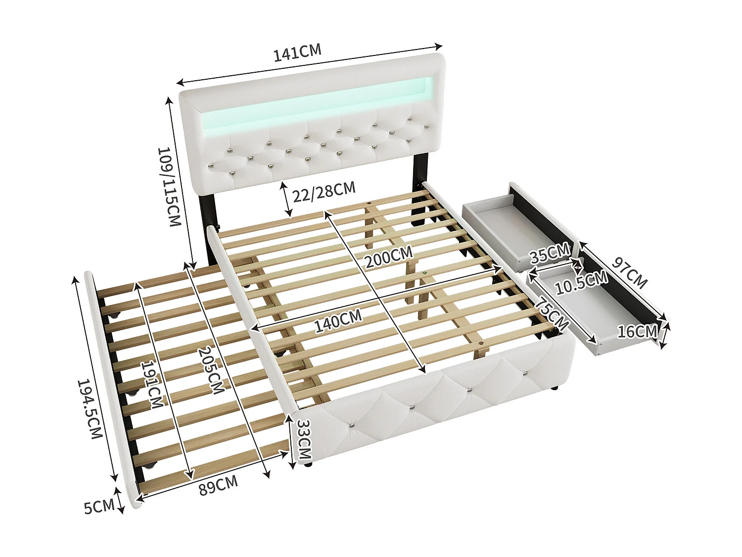 Tweepersoonsbed voor volwassenen 140x200 cm met 2 lades - LED-uitschuifbed met in hoogte verstelbaar hoofdeinde - linnen - wit (zonder matras)