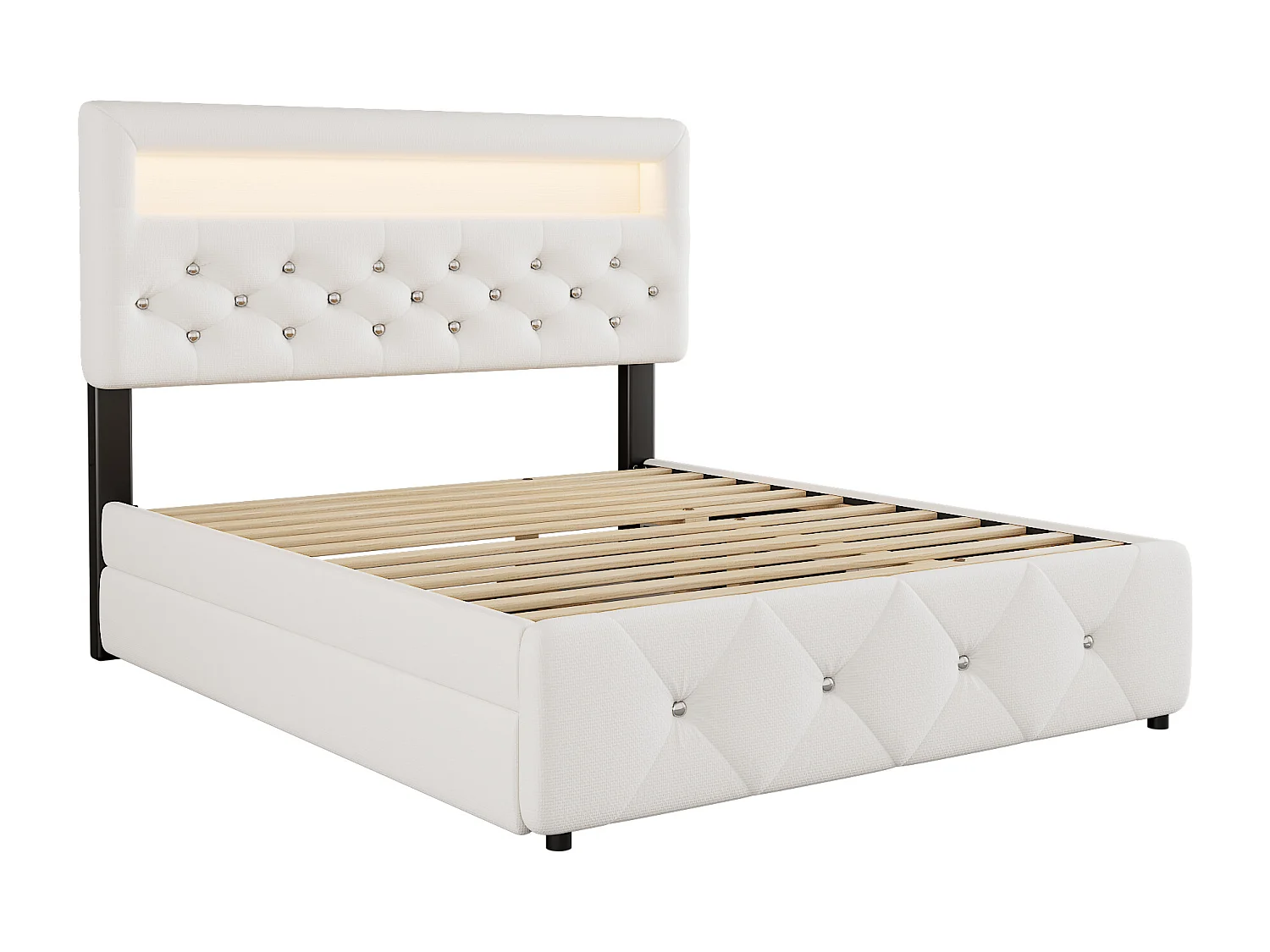 Tweepersoonsbed voor volwassenen 140x200 cm met 2 lades - LED-uitschuifbed met in hoogte verstelbaar hoofdeinde - linnen - wit (zonder matras)