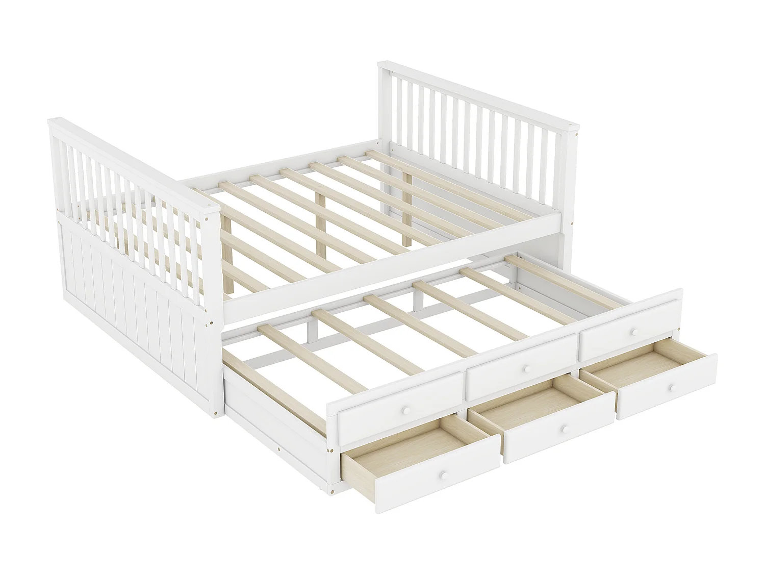 Lit gigogne 140x200 cm avec sommier - 3 tiroirs de rangement - bois - blanc (sans matelas)